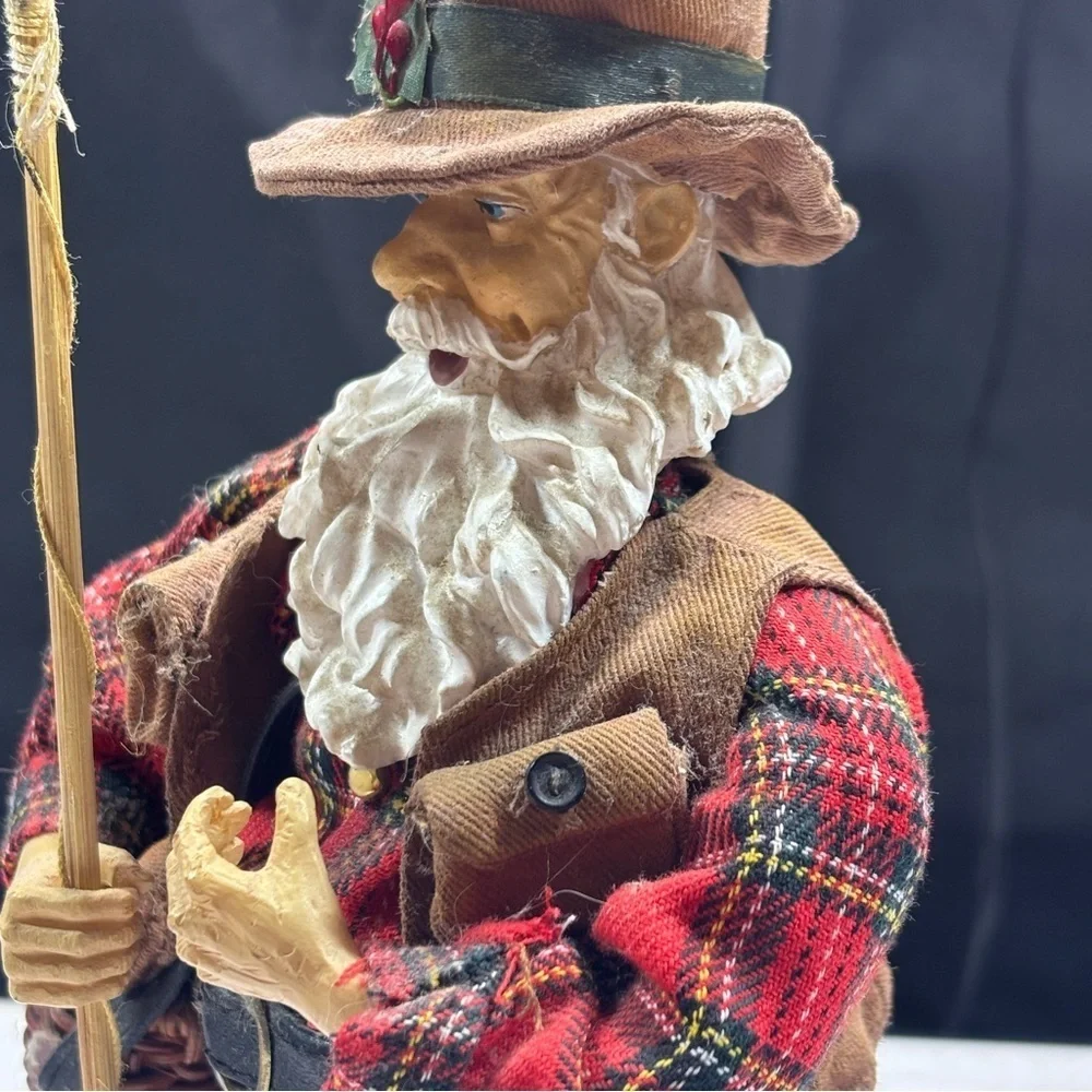 Santa Fisherman Figurine Statue Fishin Pole-Fish-Creel Basket Vest Hat 12